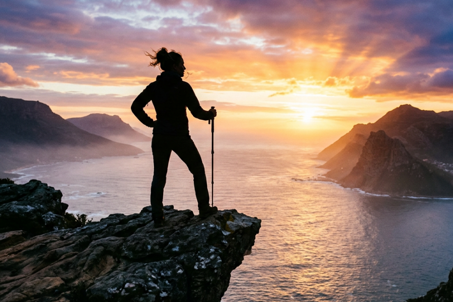 Silhouette of a hiker holding a trekking pole on a rocky cliff overlooking the ocean at sunset
