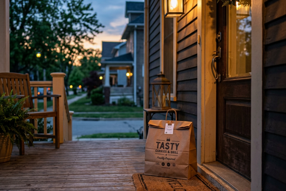 Takeout food bag from Tasty Curries & Grill on a porch near a front door at dusk